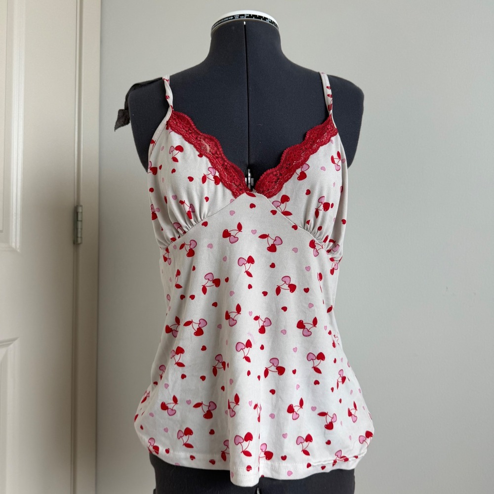 Vintage Y2K Rampage Cherry Heart Motif Plunge Lace Tank Size Small